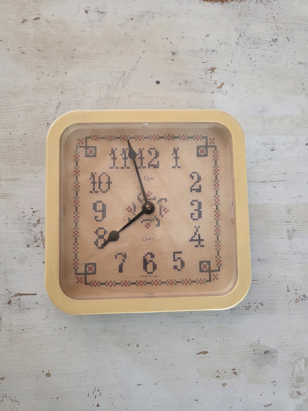 Elgin Cream Square Wall Clock with Cross-Stitch Dial